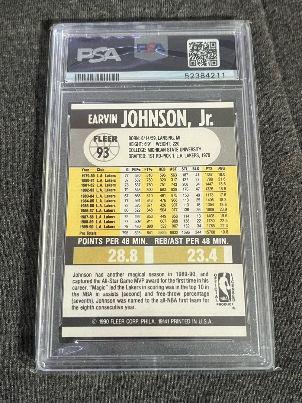 1990 Fleer Magic Johnson #93 Graded PSA 9 Card - Purple & Gold Lakers